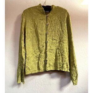 Bryn Walker Button Front Mandarin Collar Textured  Floral Blouse Small Green